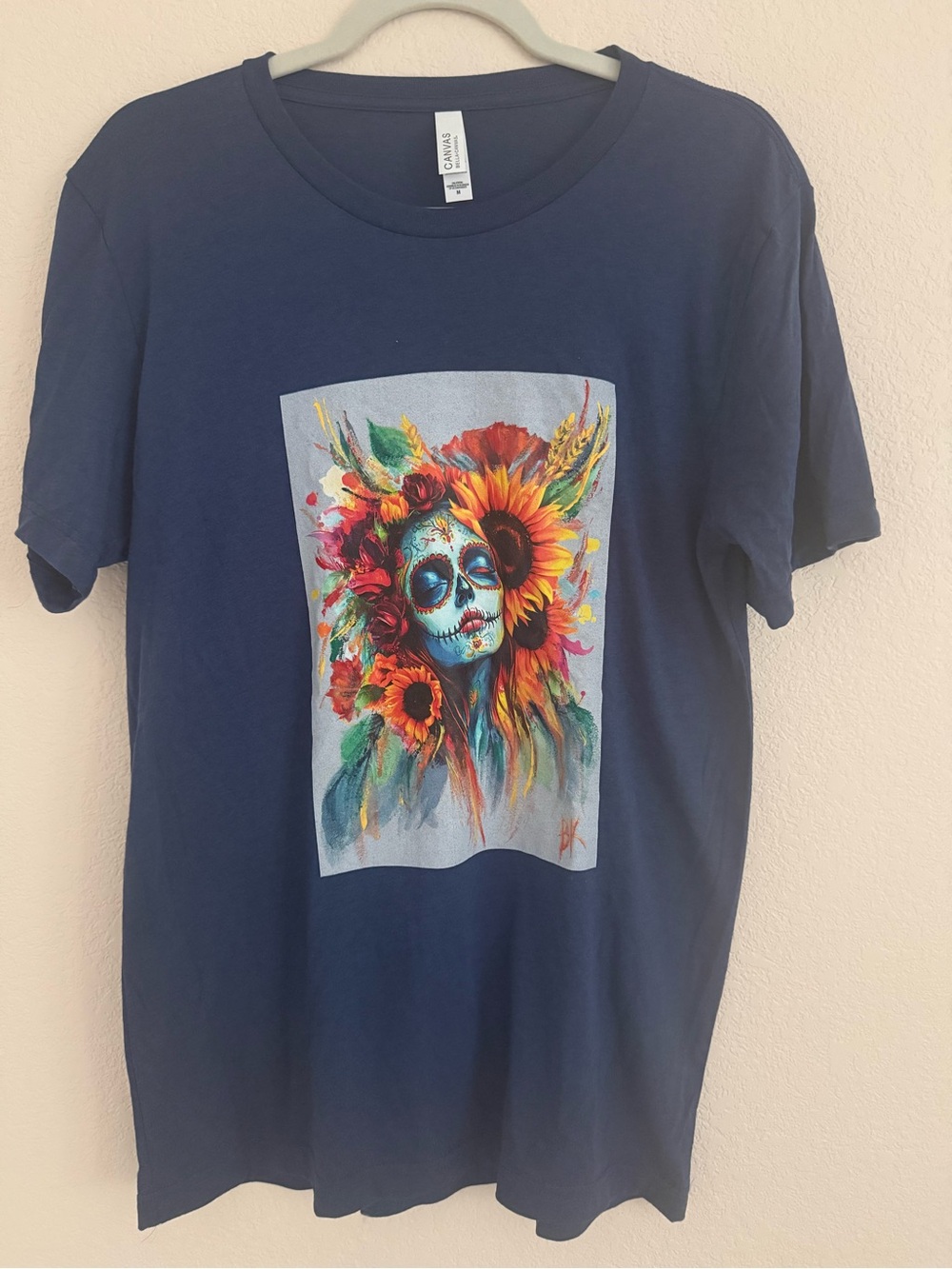 Women Navy Graphic Tee with Colorful Day of the Dead Artwork